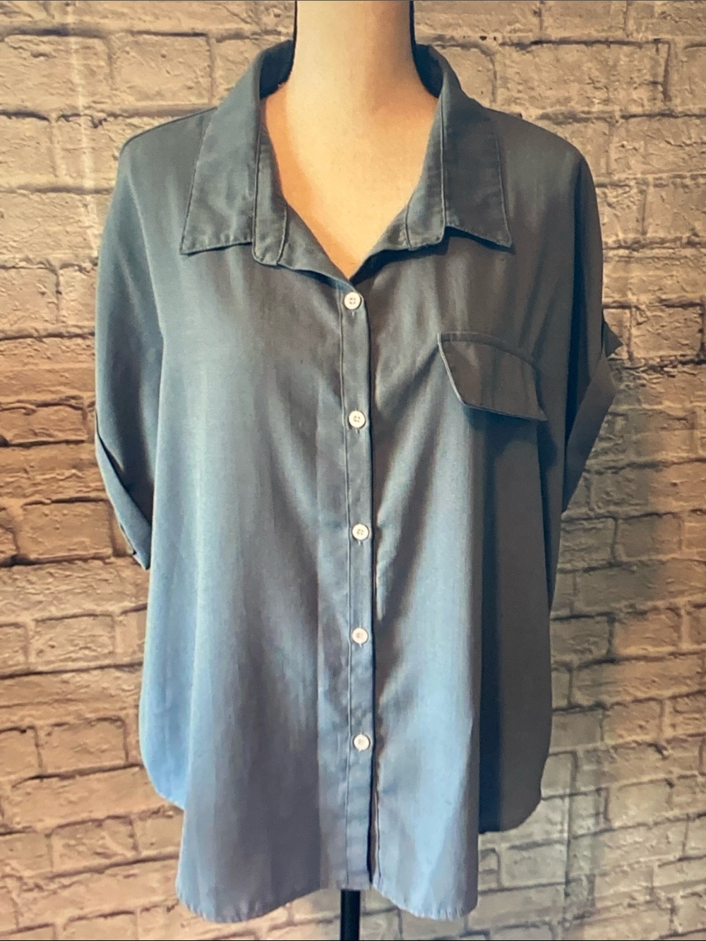 SHEIN Muted Slate Blue Button-Down Pocket Shirt